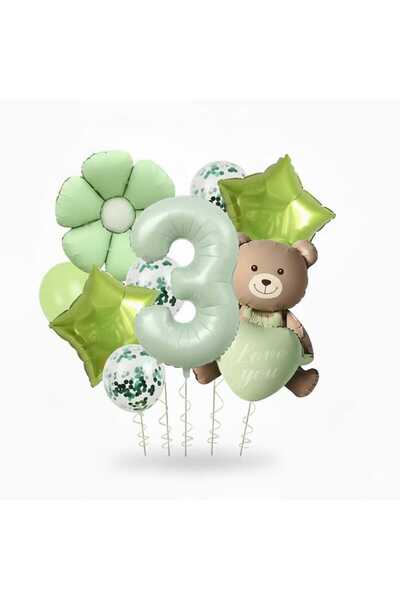 ÇITIPITISTORE Yeşil kalpli ayı papatya yıldız folyo balonlu yaş doğum günü pa...