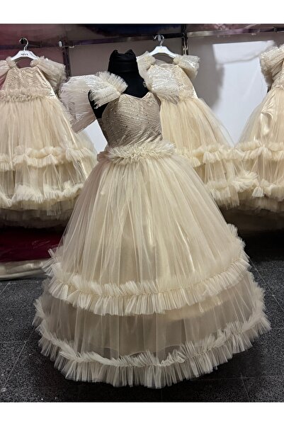 tuha kids design Prenseslere özel tül detaylı fırfırlı gelinlik kız cocuk abi...