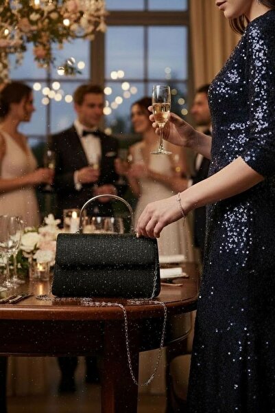 pololiza Μαύρη γυναικεία βραδινή τσάντα με γκλίτερ - Τσάντα χειρός και ώμου μ...