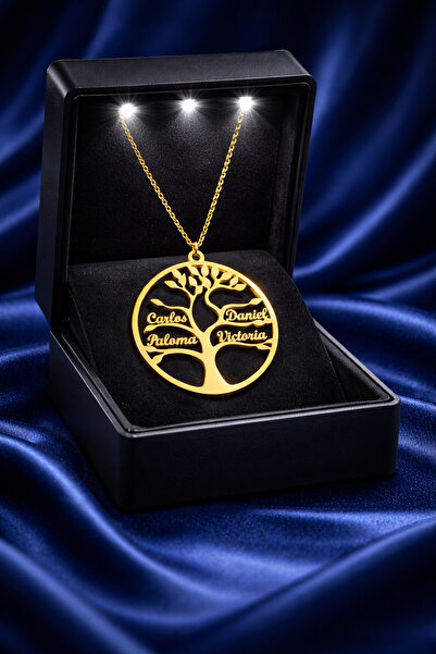 KAR DİAMOND 925 Ayar Gümüş Altın Kaplama Hayat Ağacı Kişiye Özel isimlik Aile...
