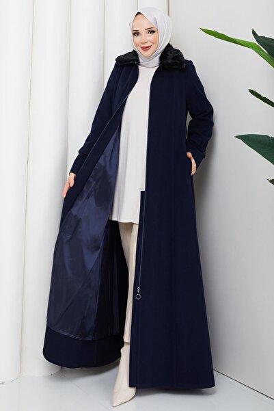 Günay Karaca Büyük Beden Kışlık Kaşe Kadın Lacivert Pardesü 2606