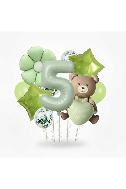ÇITIPITISTORE Yeşil kalpli ayı papatya yıldız folyo balonlu yaş doğum günü pa...