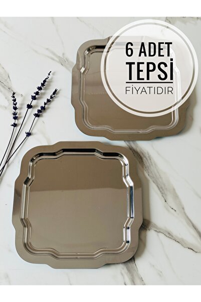 Melinda 6 ADET Aura Gümüş Tepsi Çay,Kahve,İkram Servis Sunum Tepsisi (24x24CM)