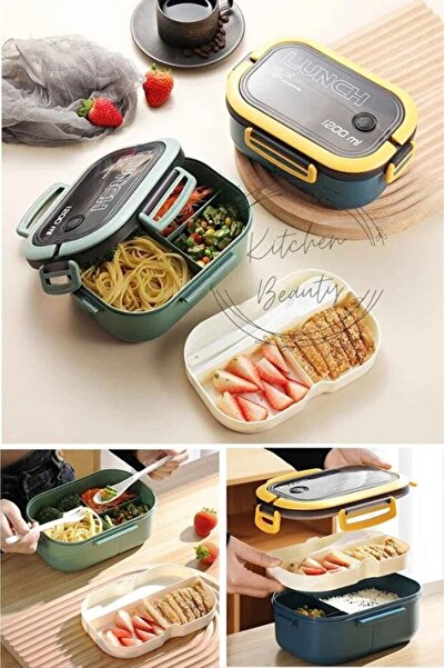Kitchen Live 1200ml 2 Katlı 6 Bölmeli Beslenme Çantası Lunch Box,Saklama Kabı Çatal Kaşıklı Sefer Tası Sızdırmaz