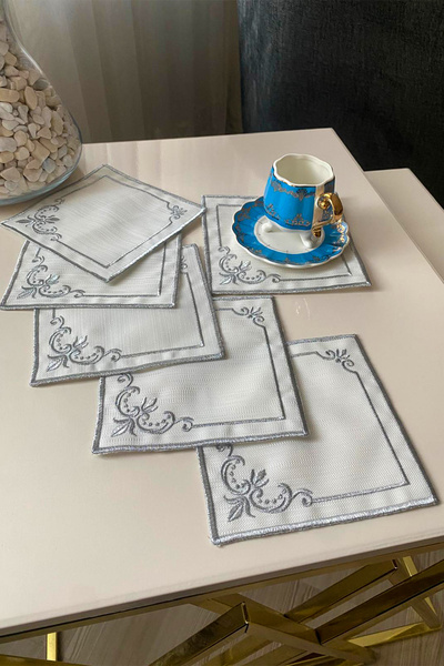 NAKIŞHAN Special Embroidered Linen Coffee Serving Napkin with Tulips - Silver 6-Piece