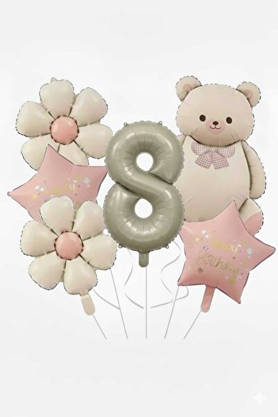 ÇITIPITISTORE Retro Cream Bear Daisy Foil Balloon Age Balloon Set