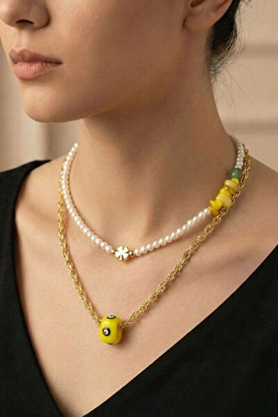 Pemila Design Yellow Evil Eye Beaded Agate Natural Stone Double Chain Pearl N...