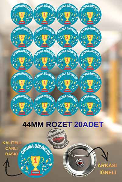 tuse rozet dükkanı Okuma Birincisi Rozeti 20 Adet | 44mm İlkokul Başarı Rozet...