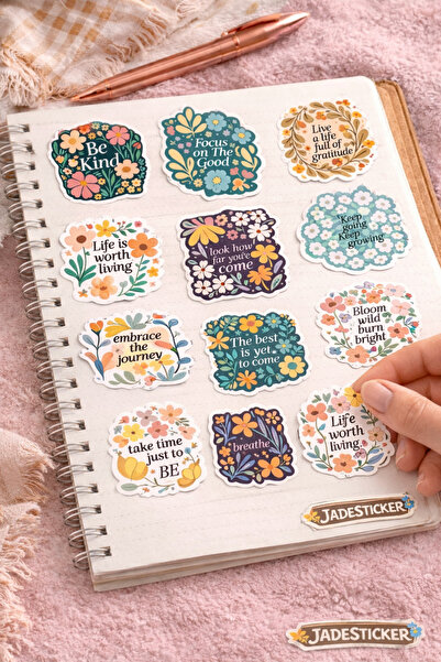 jadesticker Çiçekli Motive Edici Sticker Seti – Floral Pozitif Sözler | Defte...