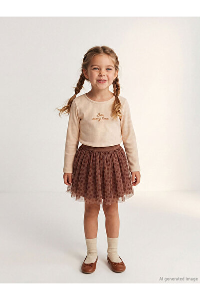 LC Waikiki Bluză și fustă LCW Kids Beige pentru fetiță cu imprimeu