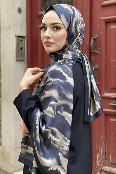 İmajButik Navy Blue İpekhan Soft Digital Cotton Shawl