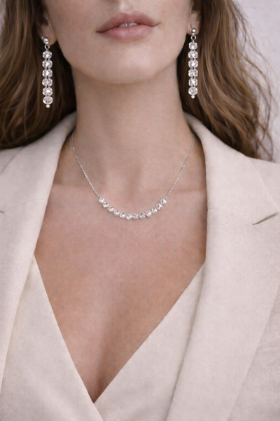 JİMNY JEWELRY PRİSMA KRİSTAL ÇELİK ZİNCİR KOLYE KÜPE TAKIMI