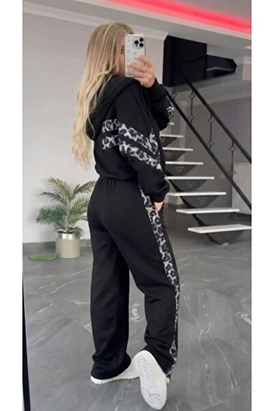 buğrahayalin Women's Long Sleeve Hooded Zippered Front Leopard Print Modal Blouse and Pants Two-Piece Set