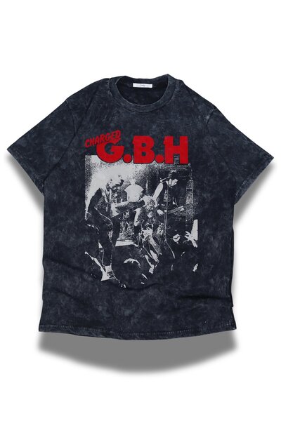 Fuddy Moda Unisex Charged Gbd Lettering Washed T-Shirt, Oversized Rock Band Themed Retro Tee