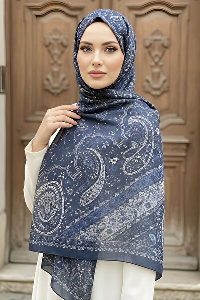 İmajButik Navy Blue İpekhan Soft Digital Cotton Shawl
