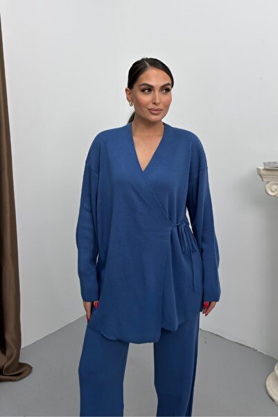 spirituel Women's Two-Piece Top and Bottom Set Knitwear Side Lace-Up K Double-Breasted Cardigan Wide-Leg Pants Knitted Set