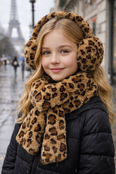 MARBERRY Set de 2 căști și guler pentru gât pentru fete, maro deschis, leopard, cu textura moale de pluș