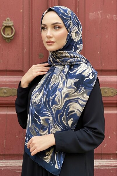 İmajButik Navy Blue İpekhan Soft Digital Cotton Shawl