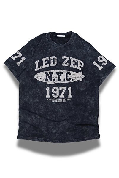 Fuddy Moda Unisex Led Zeppelin 1971 Kol Printed Washed T-Shirt, Oversized Rock Band Themed Vintage Tee Shirt