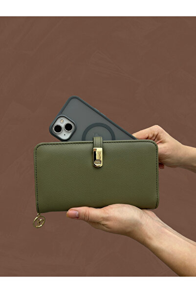 shiny ever Green Leather Women's Wallet Handbag with Phone Compartment and Gold Detail