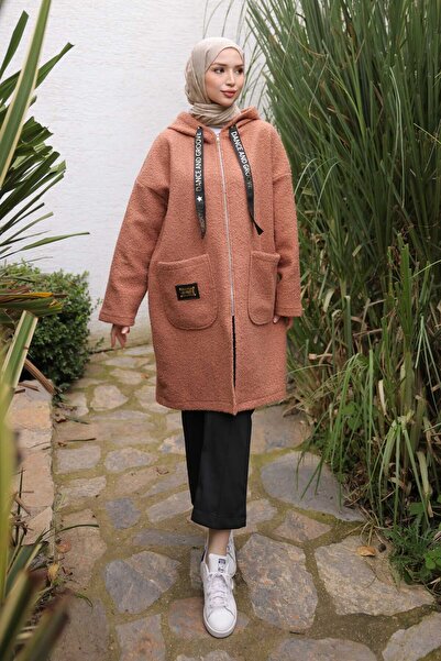İmajButik Dusty Rose Hooded Boucle Coat with Pocket Detail