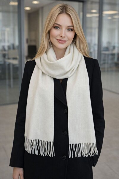 BALIENTE Ecru Wool Cashmere Tasseled Women's Scarf 180X33 cm