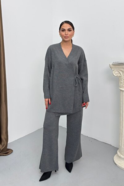 spirituel Women's Two-Piece Top and Bottom Set Knitwear Side Lace-Up K Double-Breasted Cardigan Wide-Leg Pants Knitted Set