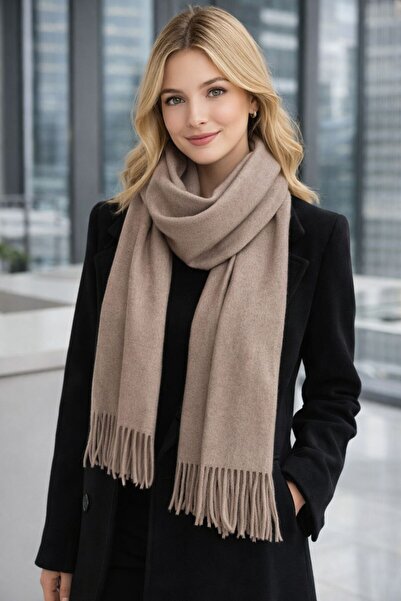 BALIENTE Beige Wool Cashmere Tasseled Women's Scarf 180X33 cm