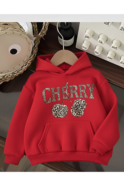 Mayer Butik Leopard Patterned Cherry Printed Hooded Kangaroo Pocket Cotton Sweatshirt