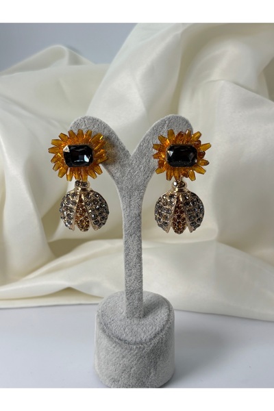 divakse Earrings Brass Plated Sun Flower Bee Model Shiny Gold