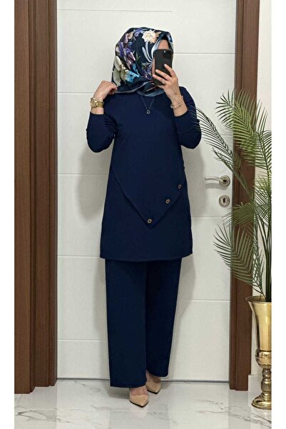modasura 3370 K 90 lacivert düğme detay fitilli burgu kumaş tunik pantolon ta...