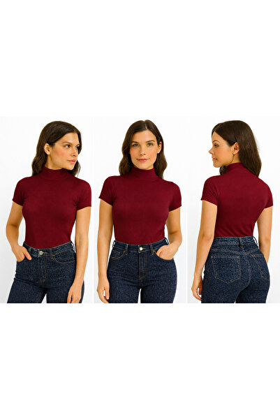 ingegno Body Yarım Balıkçı Yaka Kısa Kol Örme Kumaş Viskon Body kadın