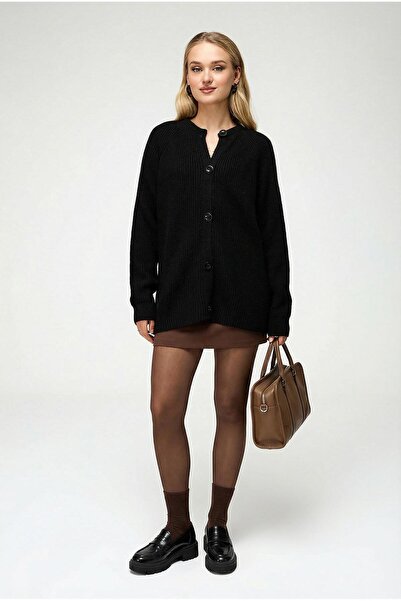 Trendiz Kadın Yün Karışımlı Düğmeli Triko Hırka Siyah