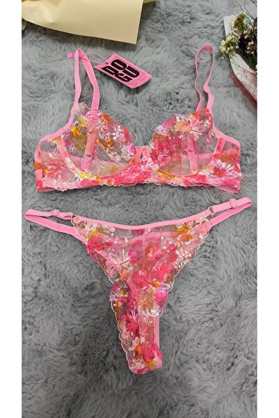 Doğu Collection Çiçek Desenli Dantel & Tül Sütyen Külot Takımı Bralet Külot T...