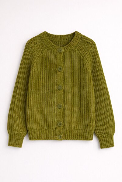 Trendiz Kadın Yün Karışımlı Düğmeli Triko Hırka Yeşil