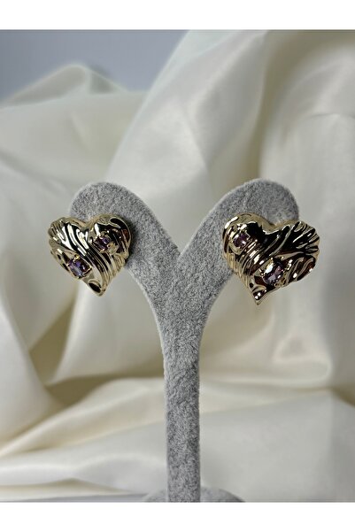 divakse Steel Earrings Heart Model Purple Zircon Stone Gold
