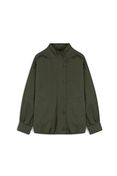 praye Mock Neck Drawstring Canvas Jacket Khaki