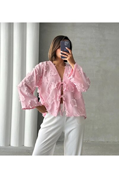 MODA NUR Kadın Püskül Detaylı Bağlamalı Premium Keten Gömlek