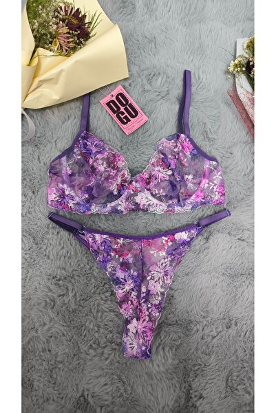 Doğu Collection Çiçek Desenli Dantel & Tül Sütyen Külot Takımı Bralet Külot T...