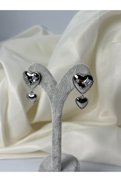 divakse Steel Earrings with Dangling Zircon Stones, Heart Model, Silver