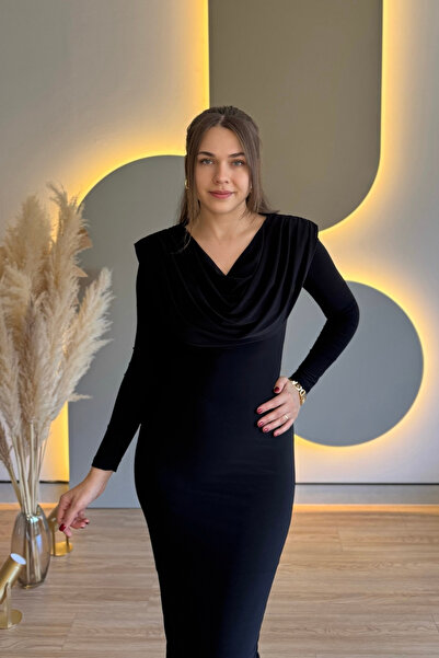 Aventien Degaje Yaka Shoulder Pad Piece Draped Black Elegant Dress