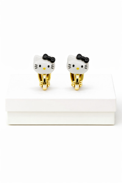 MakeWell أقراط ضغط هيلو كيتي باللونين الأسود والأبيض للأطفال بدون ثقوب للأذن