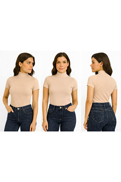 ingegno Body Yarım Balıkçı Yaka Kısa Kol Örme Kumaş Viskon Body kadın