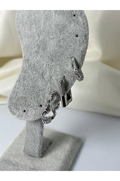 divakse Steel Earrings Set of Three Curved Model with Zircon Stones Silver