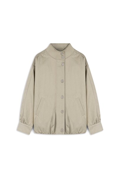 praye Mock Neck Drawstring Canvas Jacket Mink