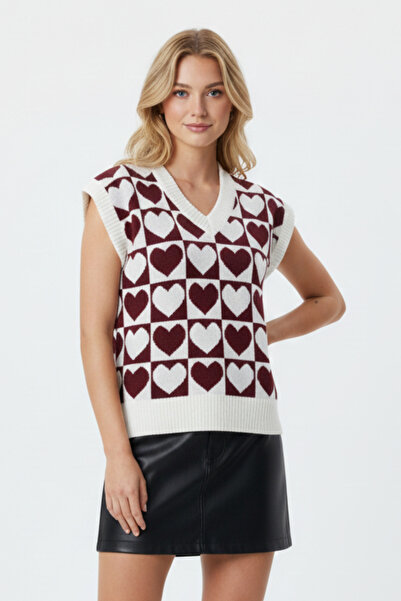 KOZİA OUTDOORS Women's Heart and Checkerboard Patterned Knit Sweater
