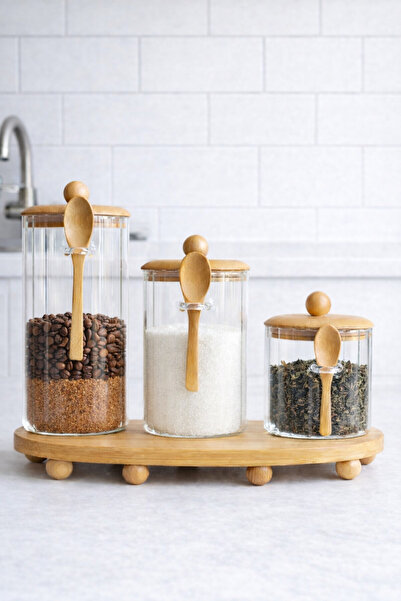 Paşabahçe 3'lü Bambu Kapaklı Kaşıklı Cam Baharatlık Seti - 1350ml+1000ml+650ml Mutfakta Düzen