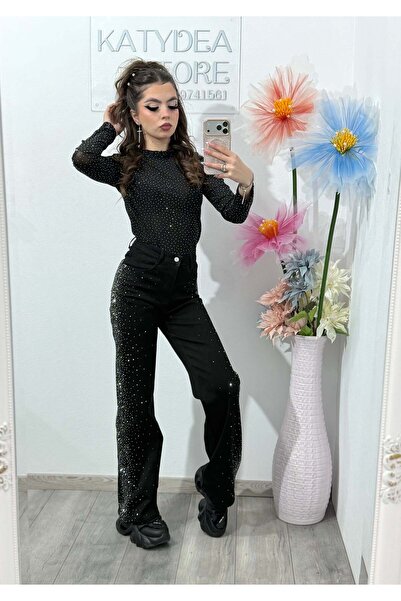 KATYDEA STORE Black Wide Leg Jeans with Stamped Crystals ZYA