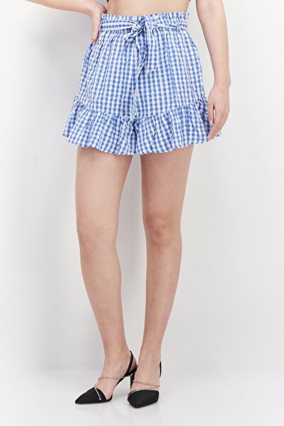 New Look Women Regular Fit Checkered Belted Shorts, Blue/White