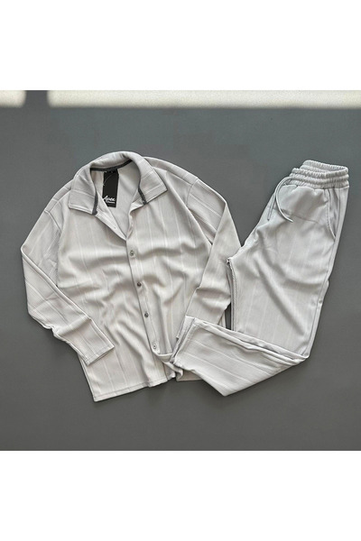 Richarlison Men's Gray Relaxed Fit Ottoman Fabric Corded Fabric Set Buttoned ...